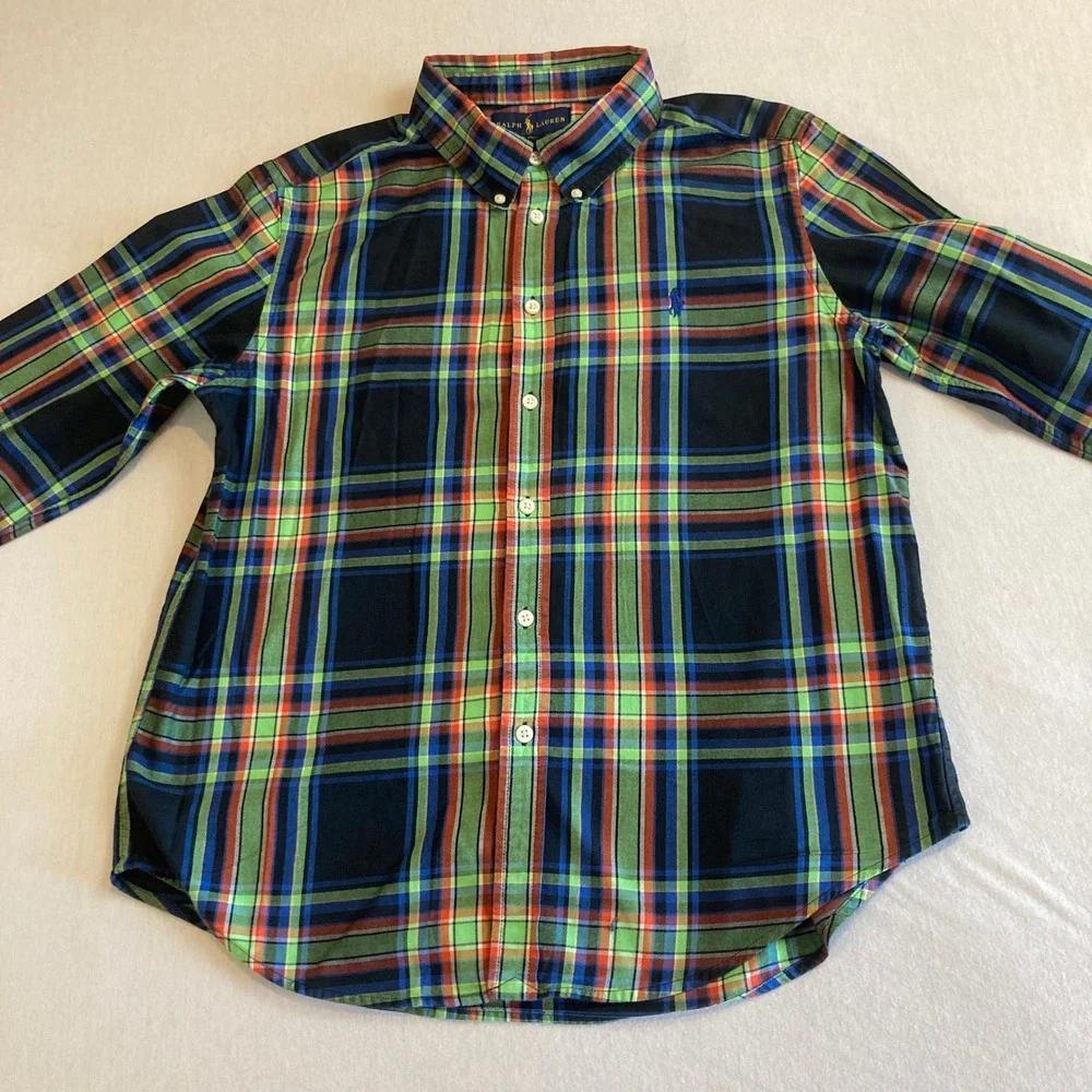 Ralph Lauren Boys XL 18-20 Plaid Button Down Shirt Green Blue Orange Long Sleeve
